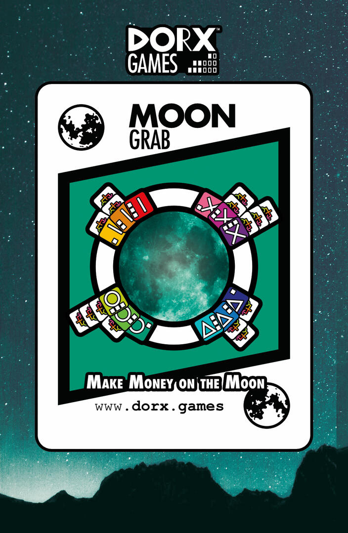 DORX Games: "Moon Grab" game rulebook cover: "Make money on the moon."