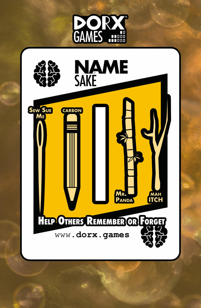 DORX Games: "Name Saké" game rulebook cover: "Help others remember or forget."